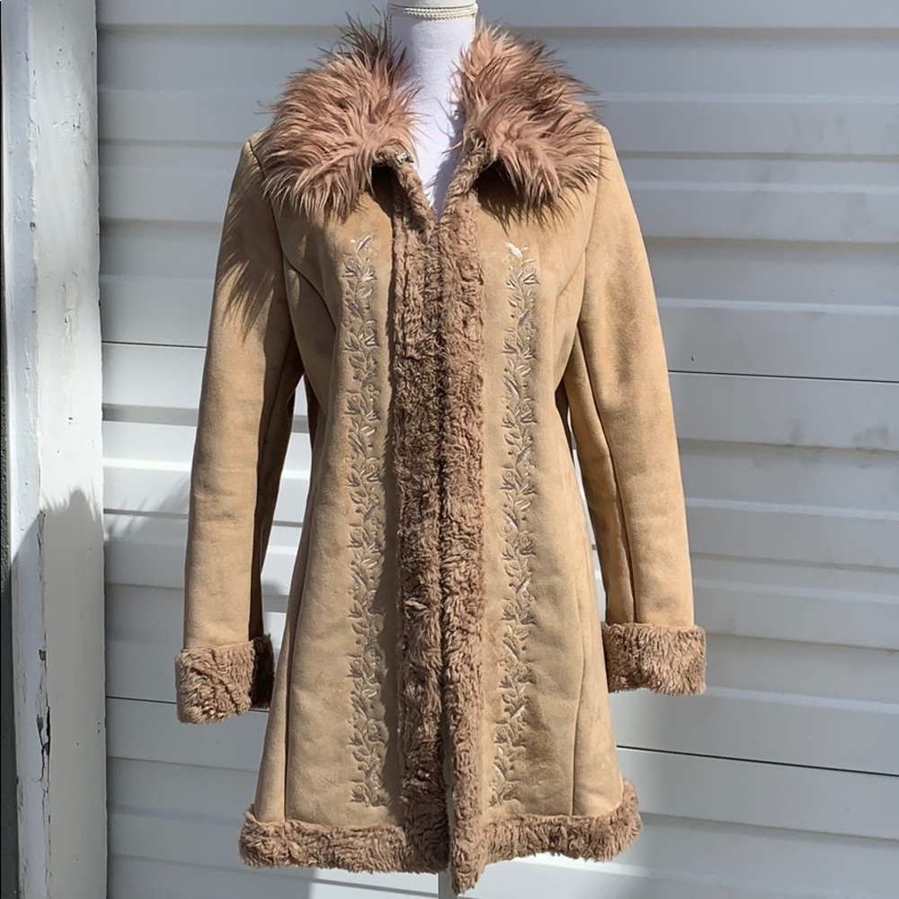 Faux suede jacket with fake fur trim 90s
